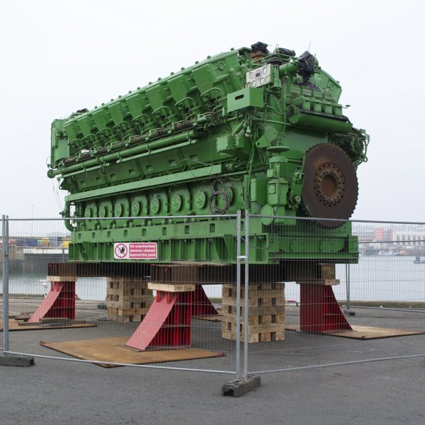 One of the two Sulzer Diesel Generators destined for La Collete sits on the docks in St Helier.