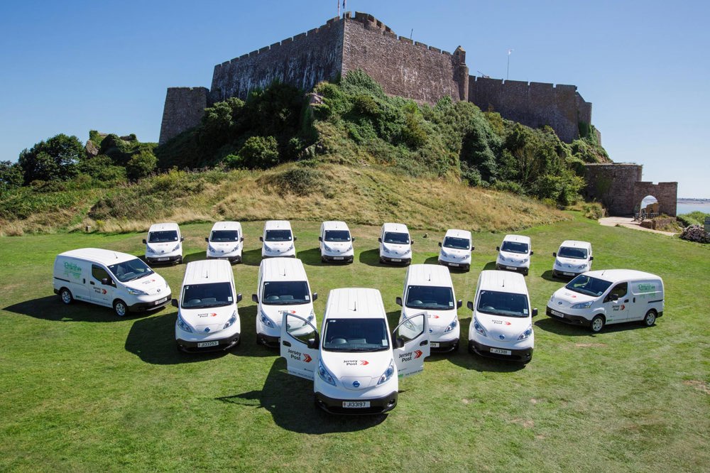 Jersey Post electric vans outside Gorey castle