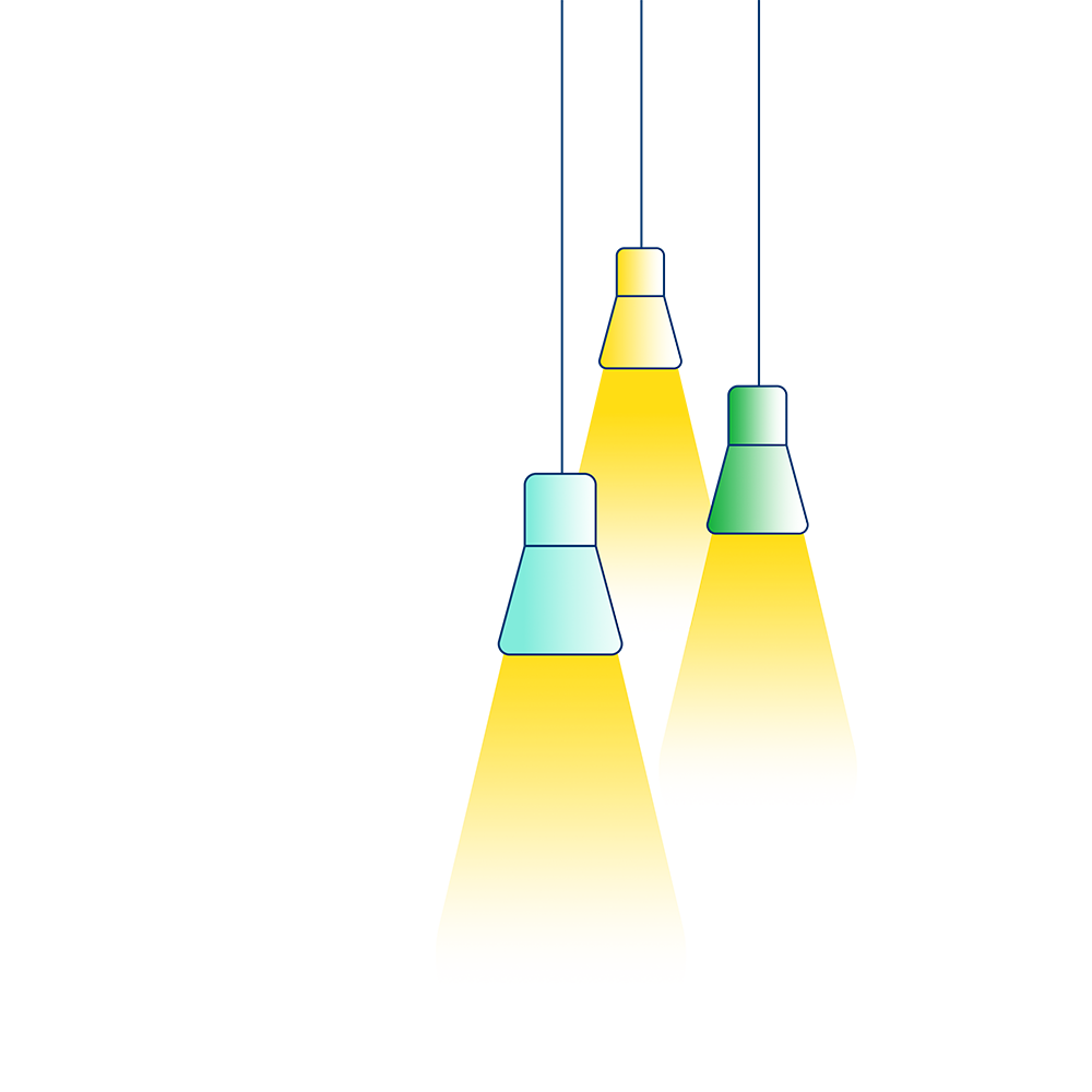 An illustration which shows three hanging lights with their bulbs switched on.