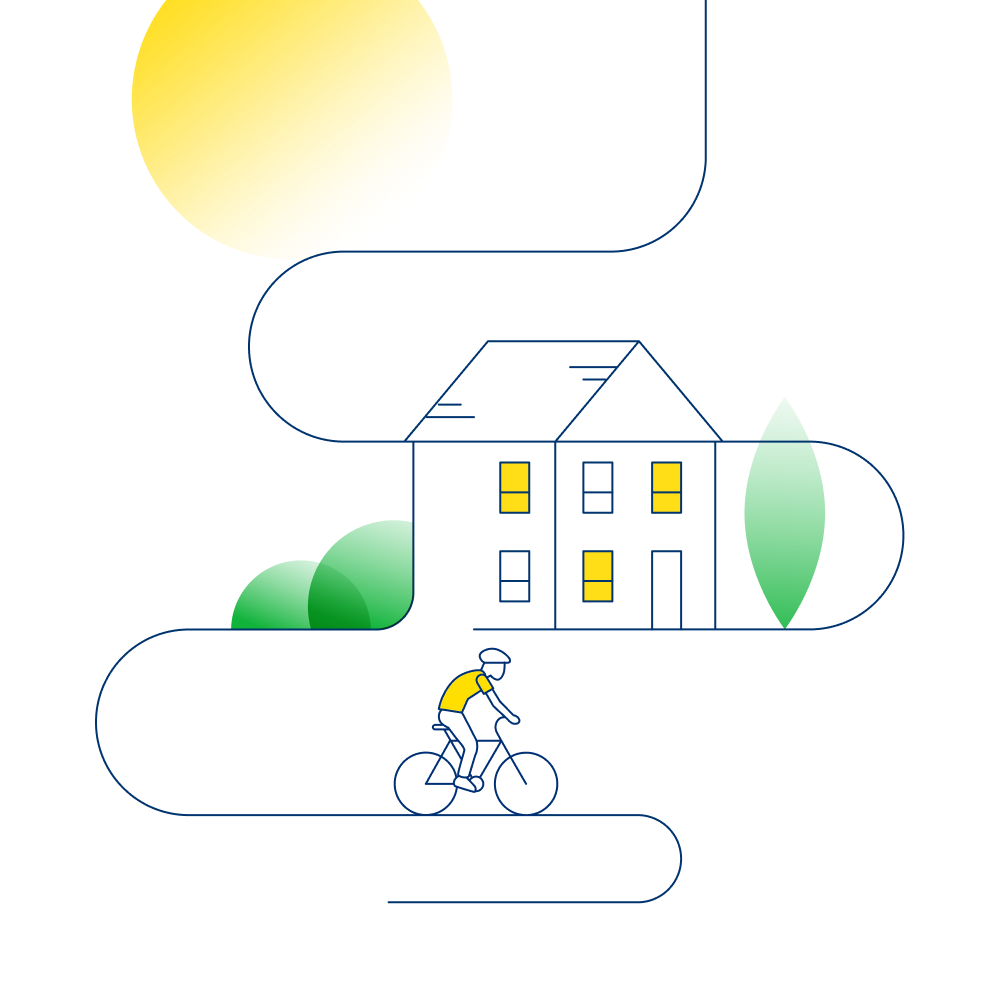 An illustration that shows a sunlight home and a man cycling away from it.