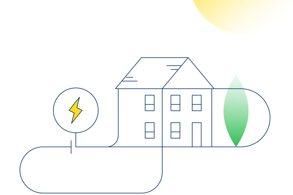 An illustation of a sunlit home with an icon representing disconnected electricity.