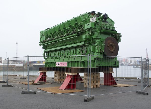 One of the two Sulzer Diesel Generators destined for La Collete sits on the docks in St Helier.