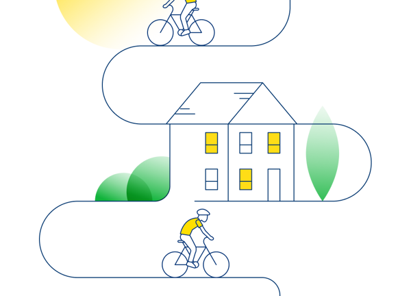 An illustration that shows a sunlit home and two cyclist riding away from it.