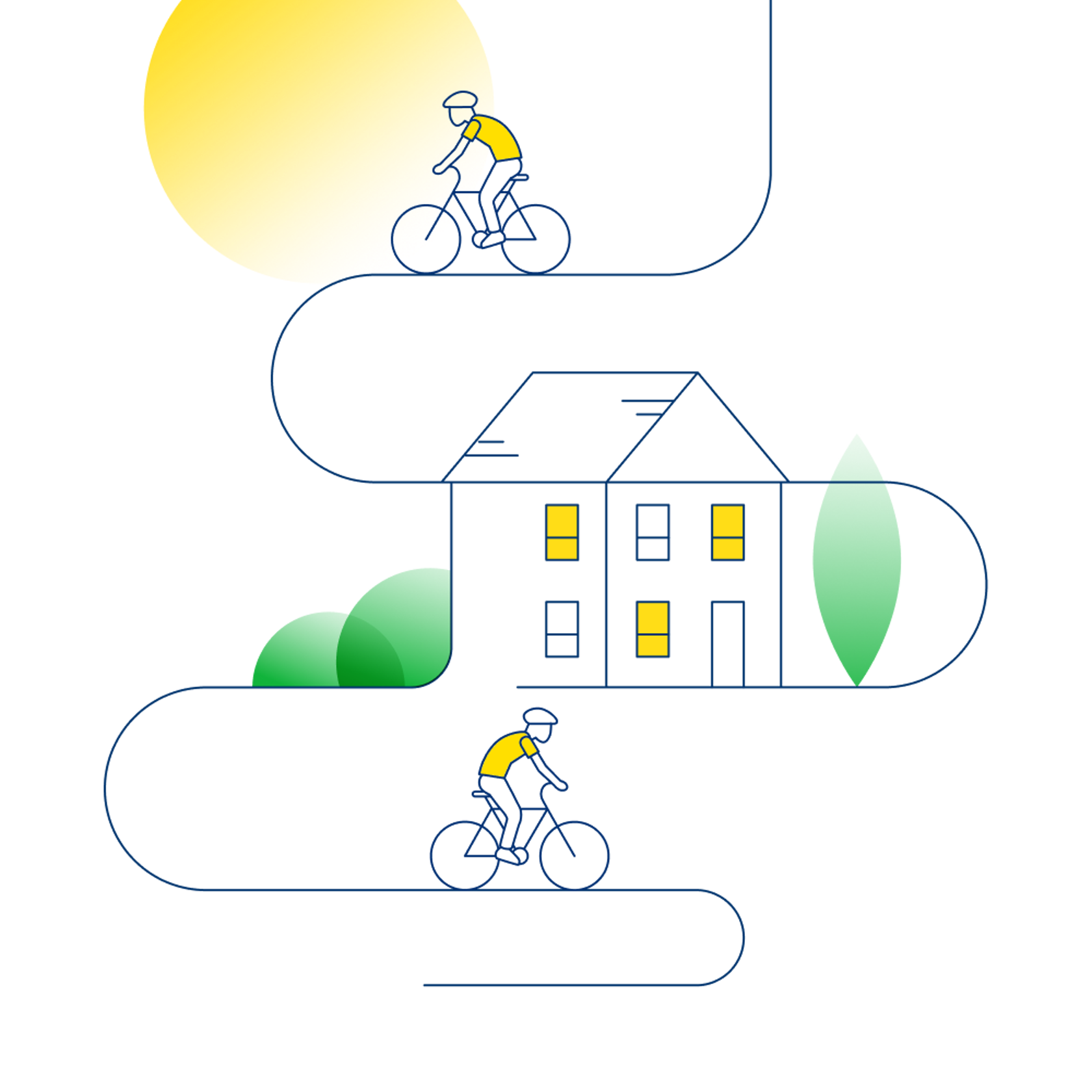 An illustration that shows a sunlit home and two cyclist riding away from it.
