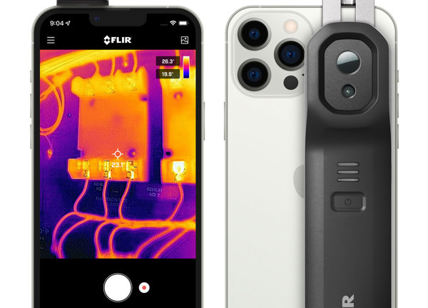 Image of a smart phone with a thermal image on the screen and an image of the camera attached to the back of a smart phone