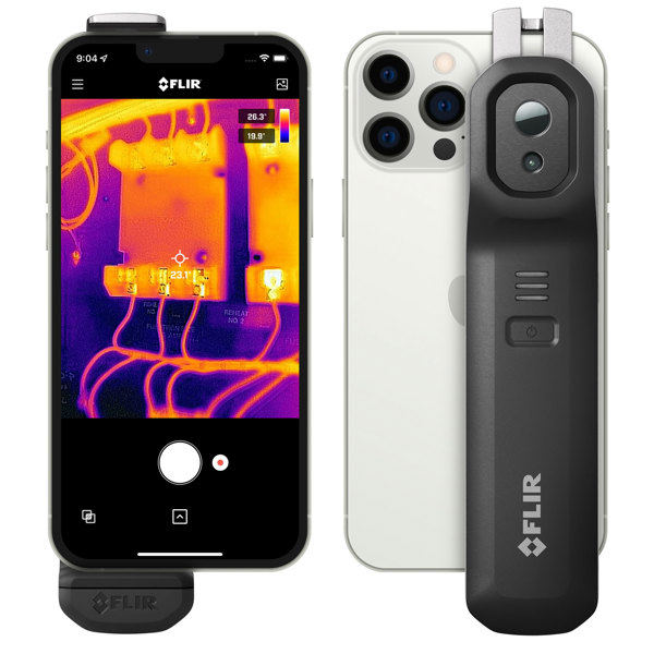 Image of a smart phone with a thermal image on the screen and an image of the camera attached to the back of a smart phone