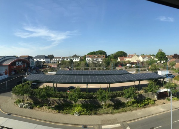 An aerial view of the solar array on top of the carports at the Powerhouse.