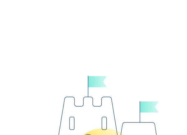 An illustration of two sand castles with more sand and the sea in the background.