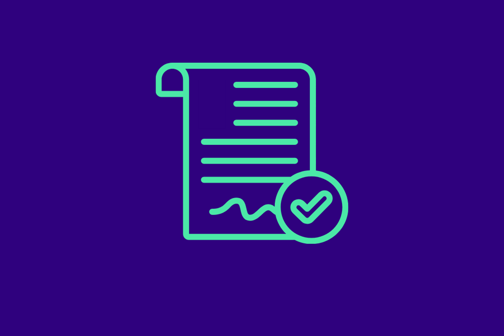 Icon of a document in green outline, displayed on a purple background.