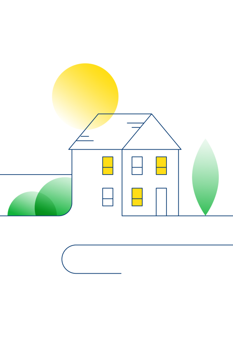 An illustration of a sunlight home surrounded by trees and bushes.