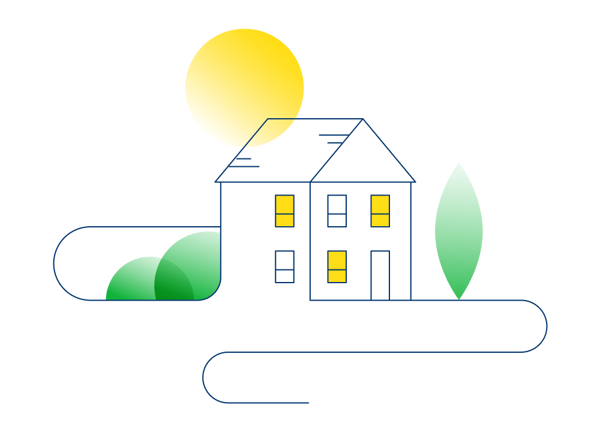 An illustration of a sunlight home surrounded by trees and bushes.