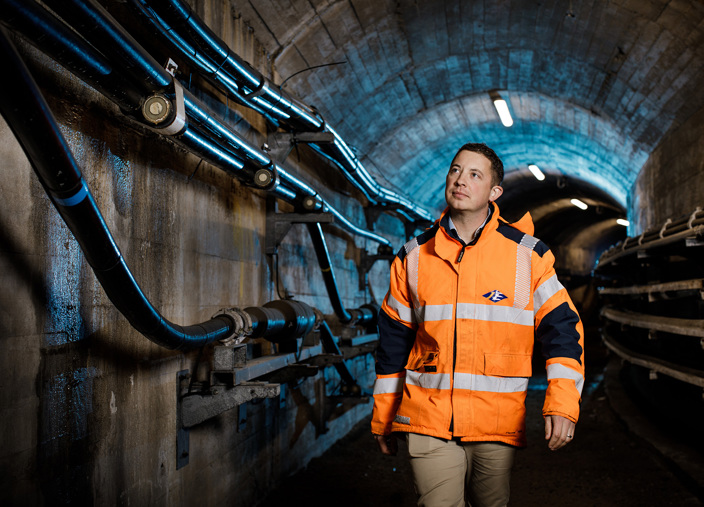 Ashley Mariner, a Jersey Electricity Engineer inspects a series of supply cables.