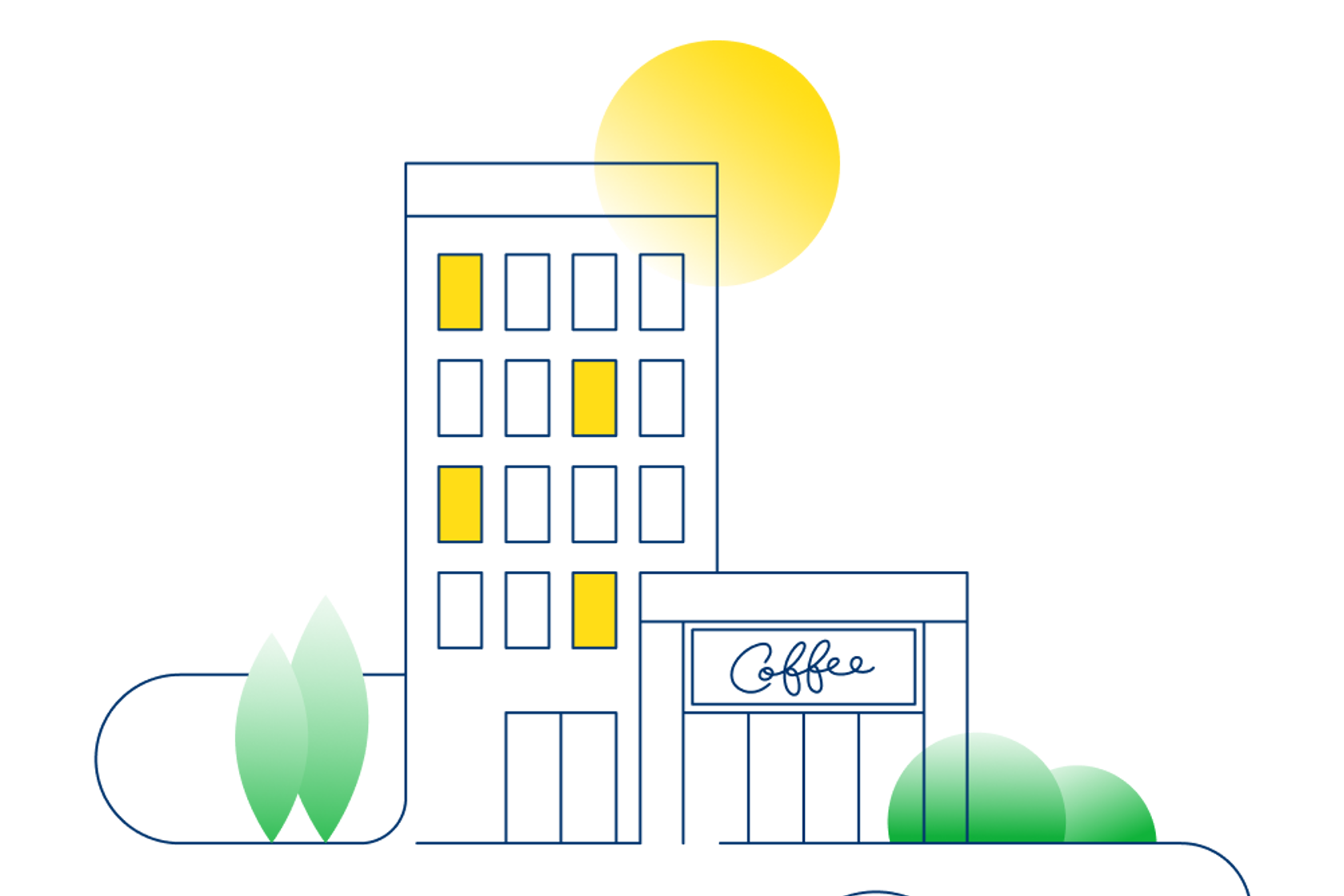 An illustration that shows an office block an coffee shop.