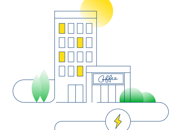 An illustration that shows an office block an coffee shop.