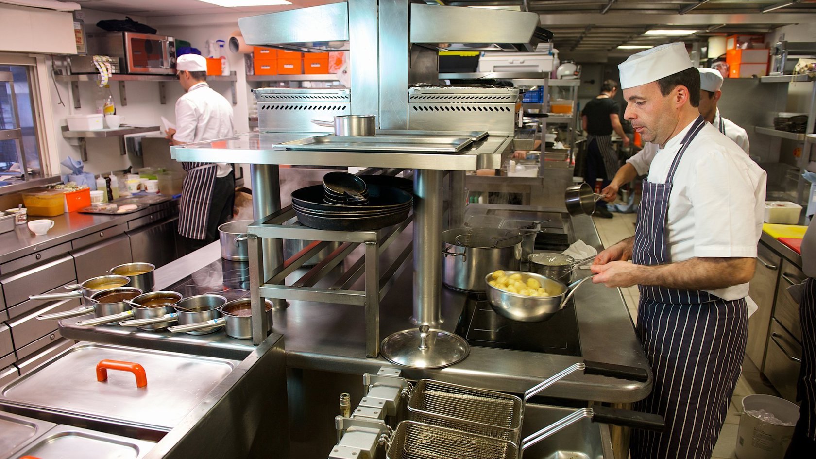 Chefs cooking in a commercial kitchen