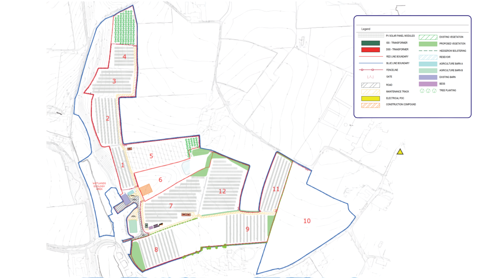 A map outlining the area of land for the Belle Fontaine solar farm, together with a key indicating elements on the map, such as boundary lines and proposed equipment