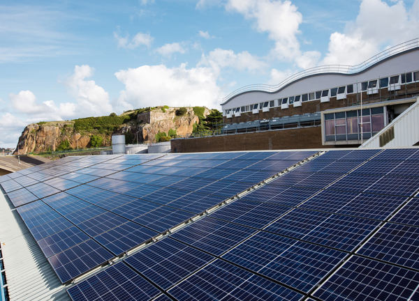 An image of the solar PV panels on top of the roof at La Collette power station.