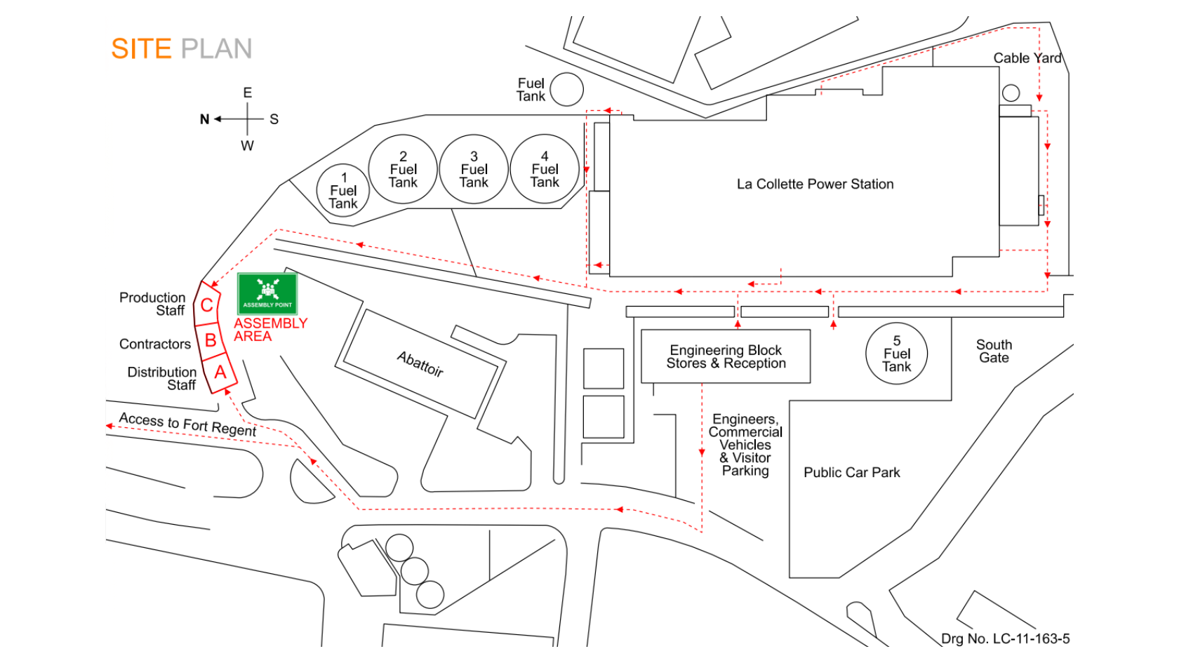 Line map of La Collette showing the evacuation route