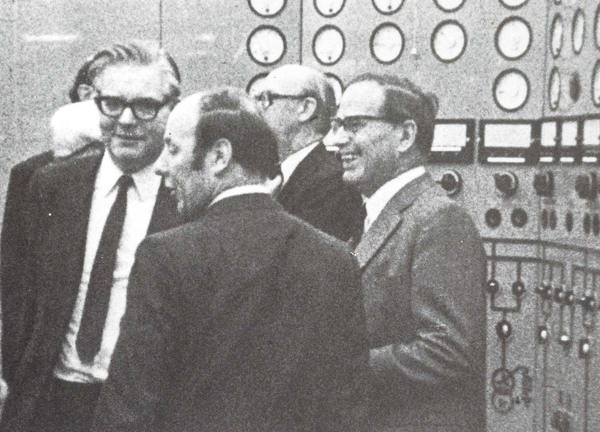 Jersey Electricity employees gather to celebrate the opening of La Collette powerstation in November 1973.