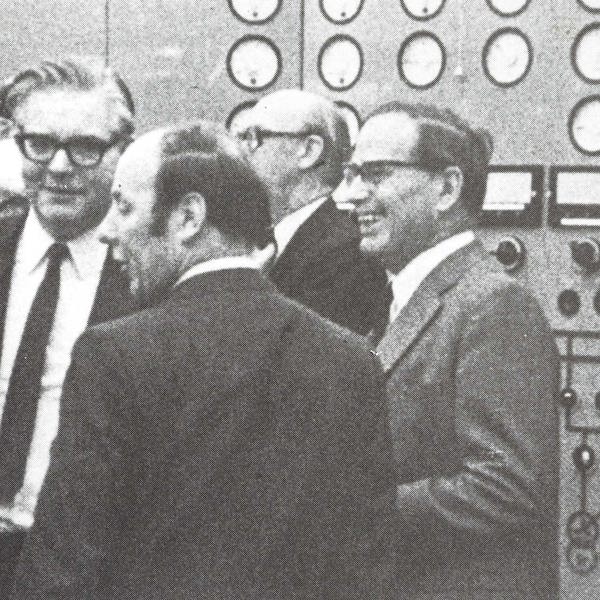 Jersey Electricity employees gather to celebrate the opening of La Collette powerstation in November 1973.