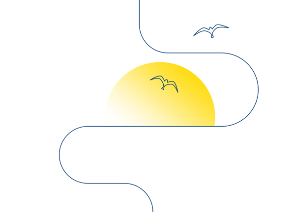 An illustration that shows two gulls flying across the sun.