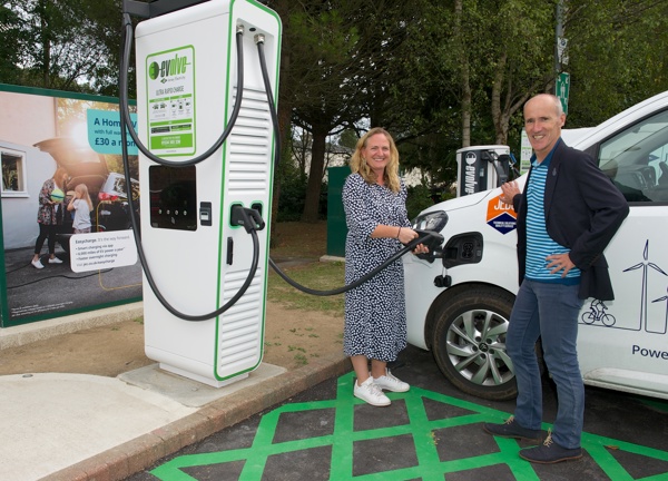 Assistant Minister for the Environment, Hilary Jeune, and Minister for the Environment, Jonathan Renouf, charge a Jersey electricity van with the Channel Island's first Ultra-Rapid EV charger