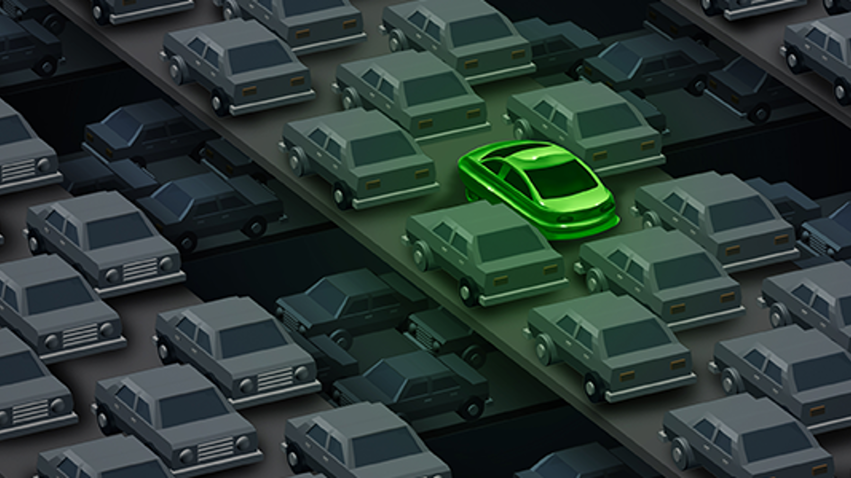 One green car amongst many grey cars