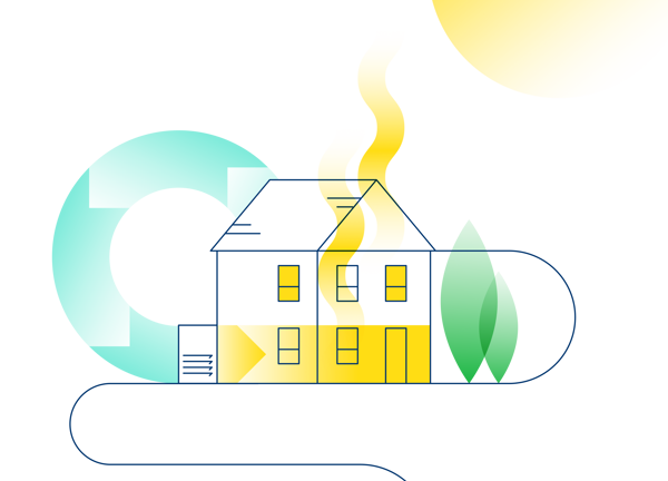 Illustration of a house and heat being recycled through it