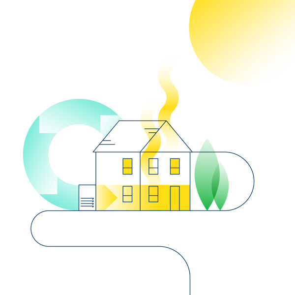 Illustration of a house and heat being recycled through it