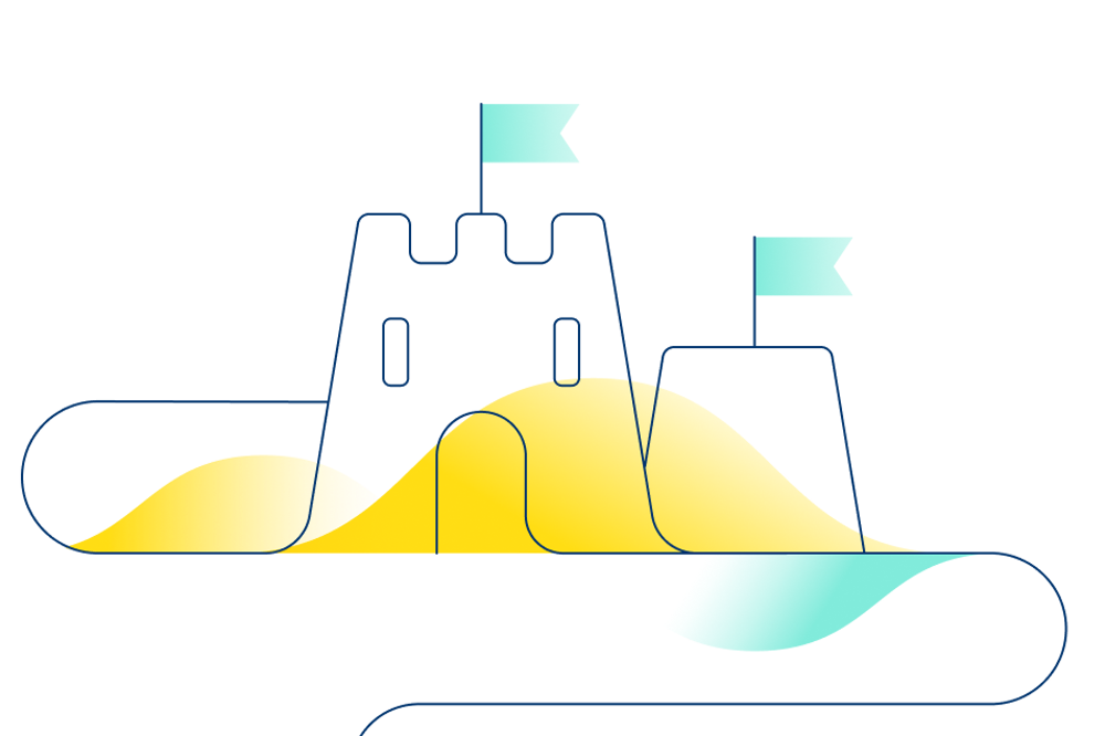 An illustration of two sandcastles with flags on top.