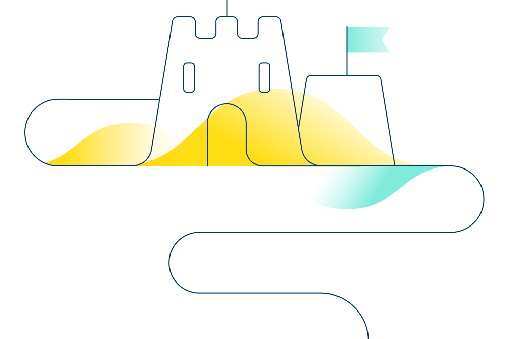 An illustration of two sandcastles with flags on top.
