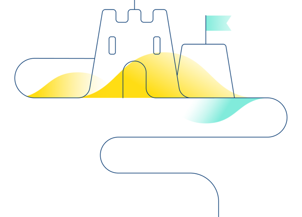 An illustration of two sandcastles with flags on top.