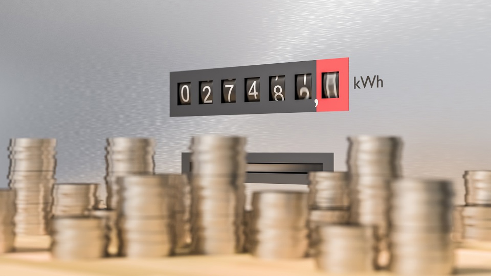 Coins stacked up in front of a electric meter counting up