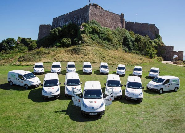 Jersey Post electric vans outside Gorey castle