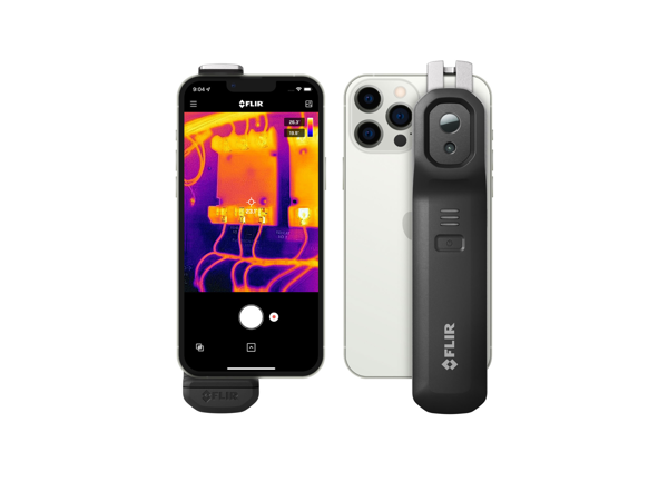 Image of a smart phone with a thermal image on the screen and an image of the camera attached to the back of a smart phone