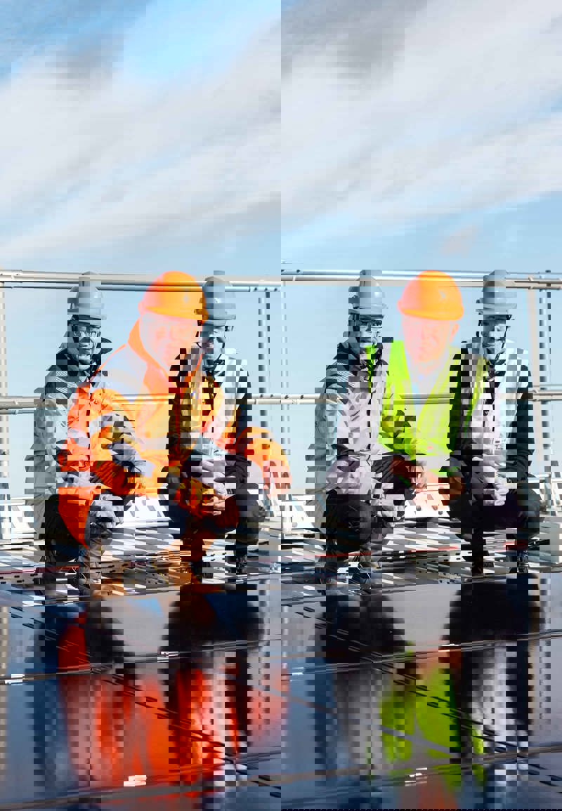 Two people in high vis jackets and hard hats crouched on a roof next to solar panels with the airport control tower in the background