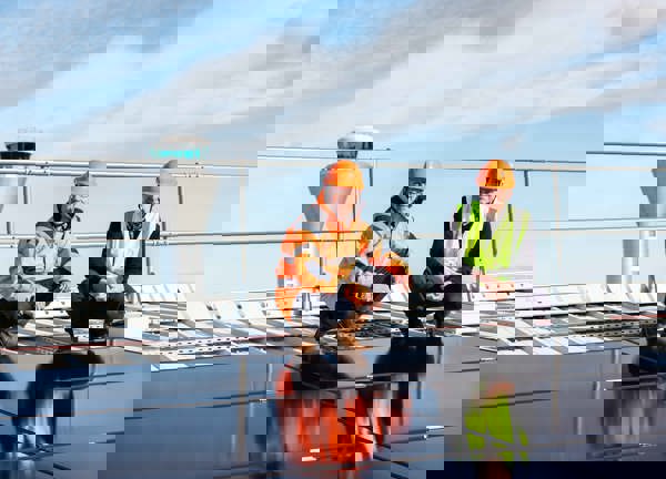 Two people in high vis jackets and hard hats crouched on a roof next to solar panels with the airport control tower in the background