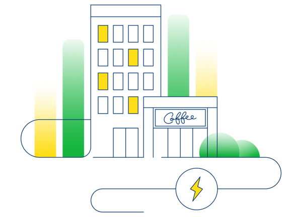 An illustration which shows a coffee shop and an office block.