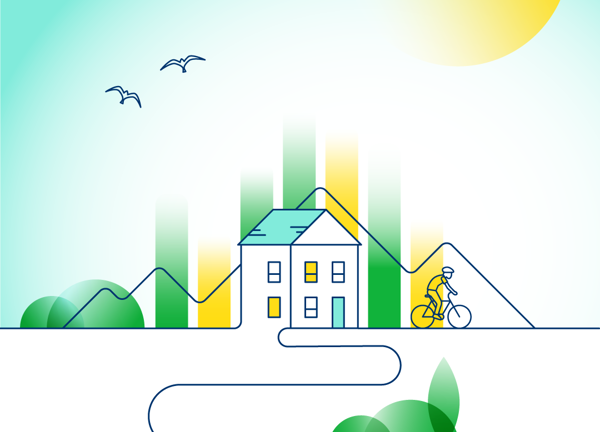 Illustration of a home, cyclist, sunshine