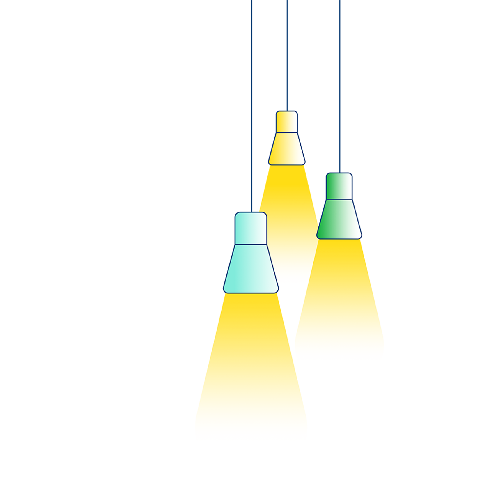 An illustration which shows three hanging lights with their bulbs switched on.
