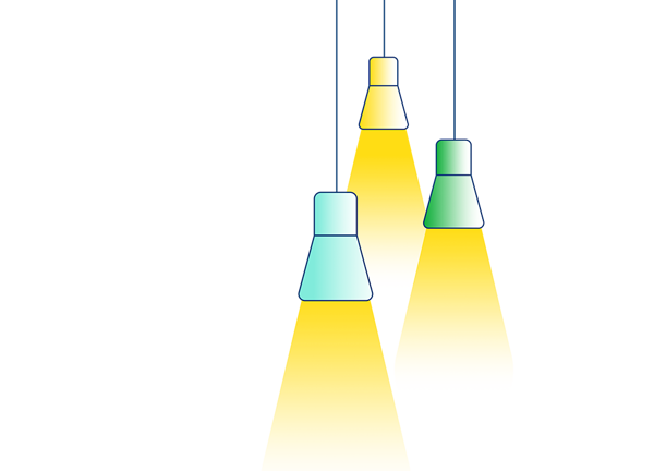 An illustration which shows three hanging lights with their bulbs switched on.