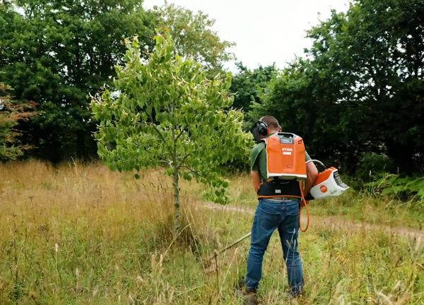 A man in a field strimming grass around a tree using an electric strimmer