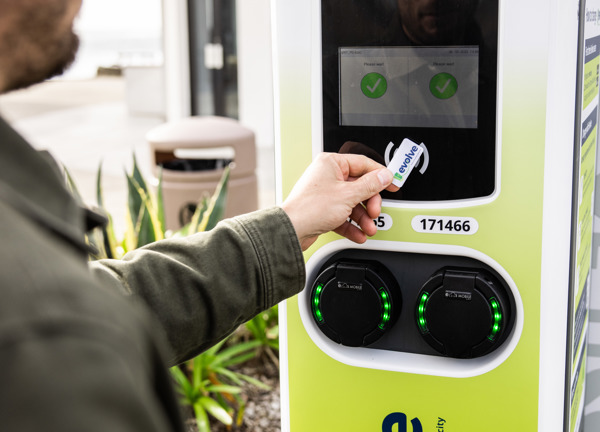 Close up of charging with the Evolve tag at a charge point