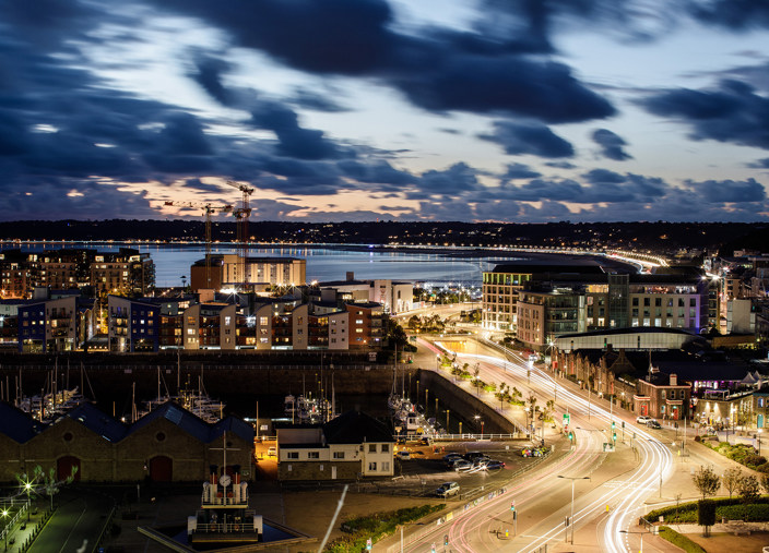 Aerial view of St Helier at night
