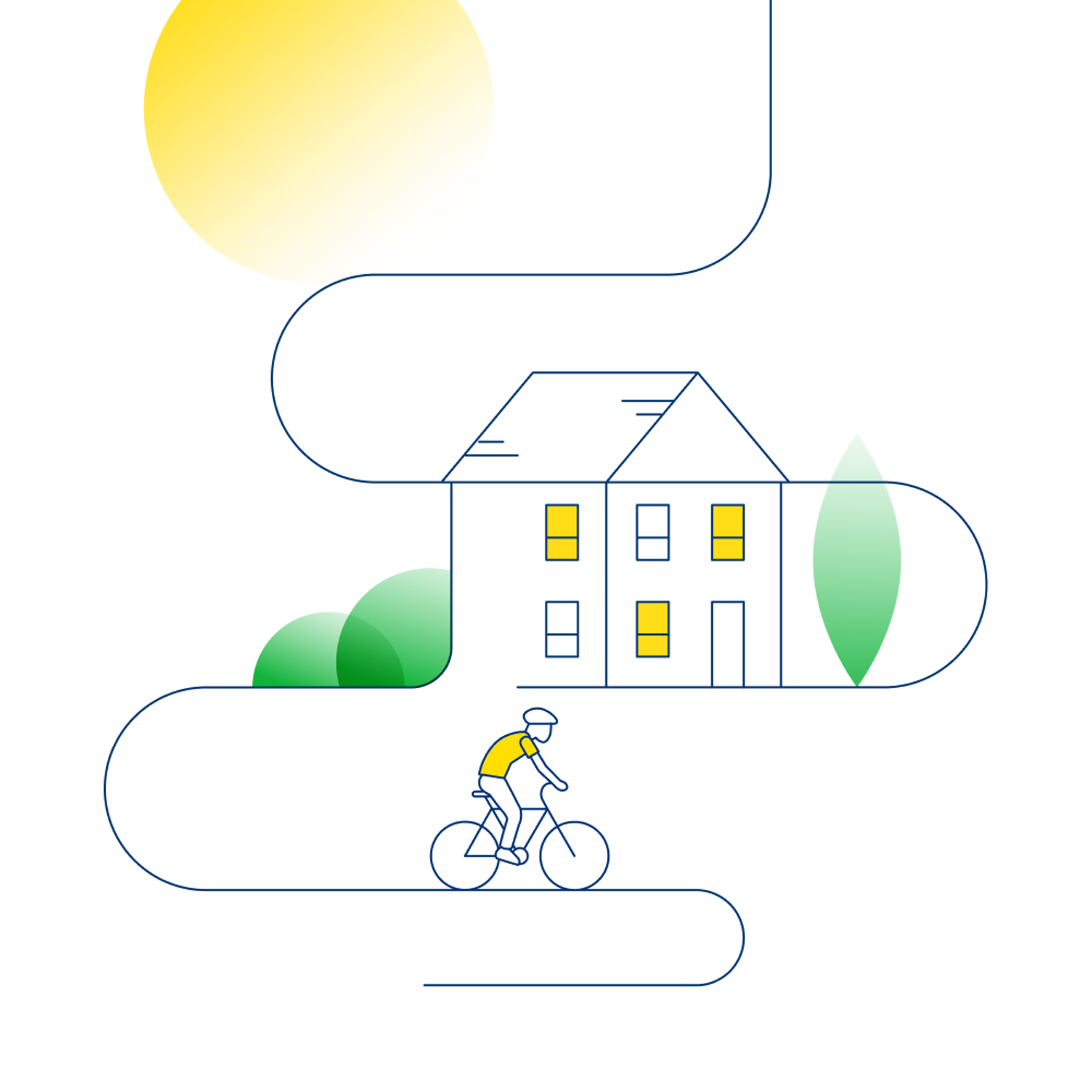 An illustration that shows a sunlight home and a man cycling away from it.