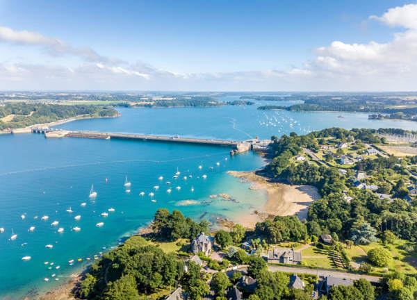 An aerial photograph of the Rance Tidal Barrage in Northern France.