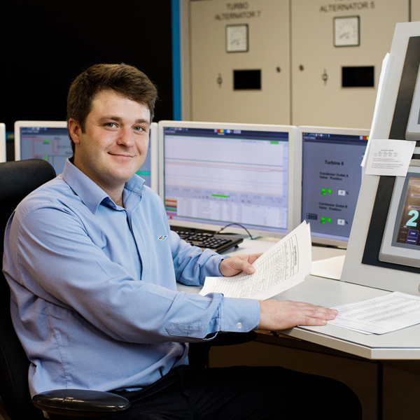 Peter Jelley at the controls at La Collette powerstation.