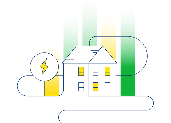 An illustration of a two storey home with green and yellow rectangles behind it.