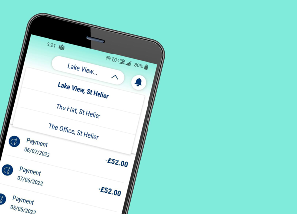 The My JE app being shown onmobile phone to illustrate the multi-premise feature