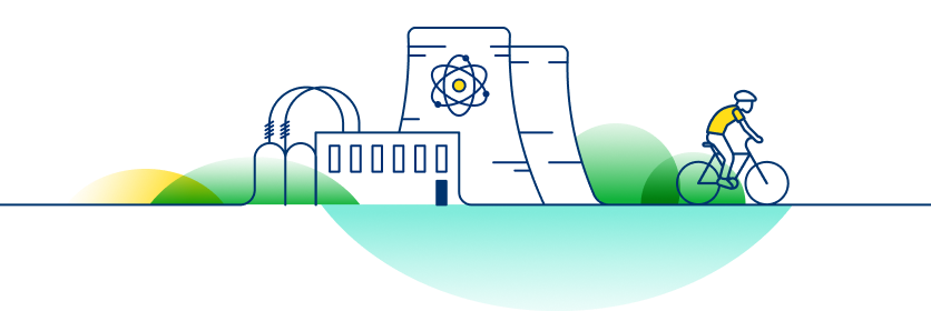 An abstract illustration which represents a nuclear powerstation, water and a cyclist. - Tablet